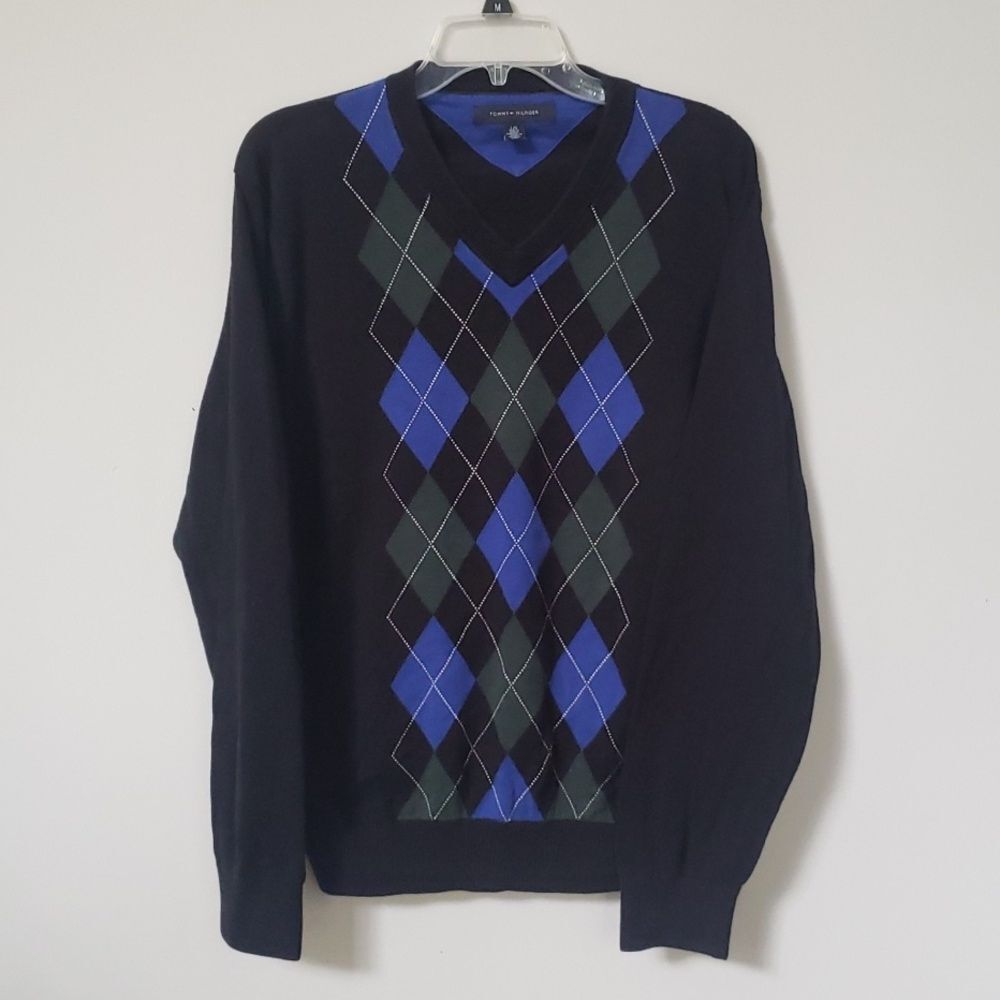 Tommy Hilfger Argyle Sweater Men L Cotton Preppy Dark Academia Classic V neck